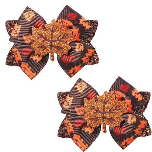 3.5" Fall Thanksgiving Hair Bow Clips for Girls Glitter Maple Leaves Bowkont Alligator Barrettes Cute Hairpins Teens Toddlers Autumn Grosgrain Ribbon Hair Accessories 2Packs