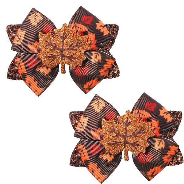 3.5" Fall Thanksgiving Hair Bow Clips for Girls Glitter Maple Leaves Bowkont Alligator Barrettes Cute Hairpins Teens Toddlers Autumn Grosgrain Ribbon Hair Accessories 2Packs
