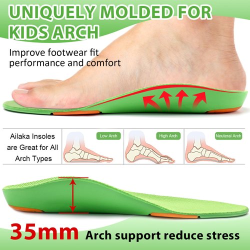 Ailaka Kids Orthotic Cushioning Arch Support Shoe Insoles, Children Pu Foam Inserts for Flat feet, Plantar Fasciitis, Feet Heel Pain Relief