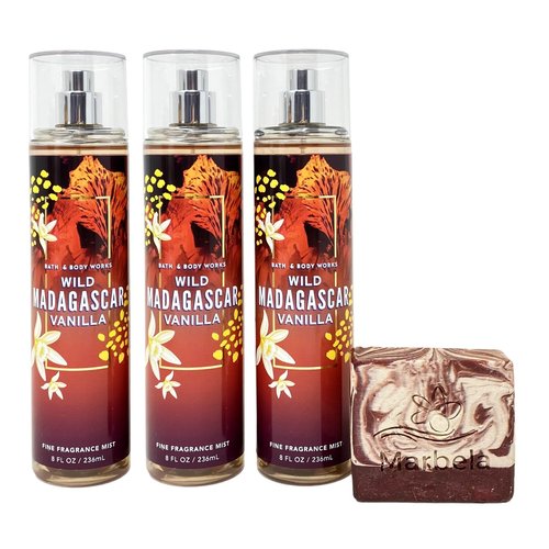 Bath & Body Works Wild Madagascar Vanilla 3 Pack Fragrance Mist Set with a Cherry On Top Bar Soap - Full Size