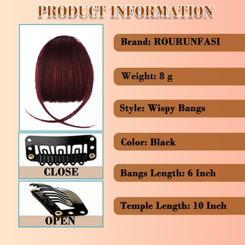 ROURUNFASI Clip on Wispy Bangs-Real Human Hair Clip in Bangs Hairpieces Wine Red Fake Air Bangs Fringe with Temples Bangs Hair Clip Extensions
