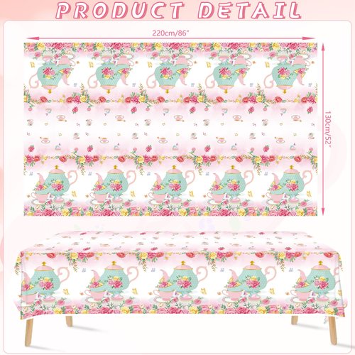 KEFAN 4 Pieces Tea Birthday Party Tablecloths Supplies, Rectangle Tea Theme Birthday Party Table Cover, Tea Party Plastic Tablecloths for Girls Birthday Party Decorations, 51 x 86 Inch