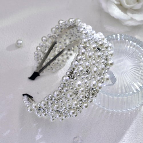 HNYYX Pearl Headbands for Women Crystal Wedding Headpiece for Bride Thick White Hair Accessories A210