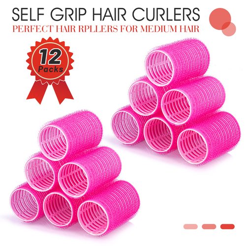 Hair Curlers Rollers, 12Pcs Hair Rollers Hair Curlers Self Grip Holding Rollers with 12 Pcs Hair Clips for Long Medium Short Thick Fine Thin Hair Bangs Volume