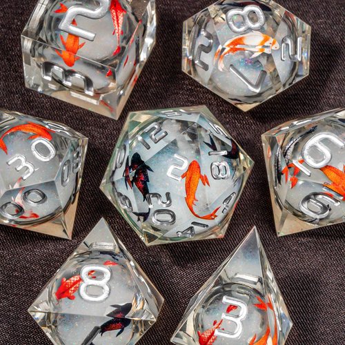 OUKELANWO Liquid Core Koi Fish DND Dice Set D&D with Box, 7Pcs Sharp Edge Resin Dungeons and Dragons Polyhedral Role Playing Gaming Dice, Ocean RPG D and D D20 D12 D10 D8 D6 D4 Dice