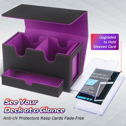 MTG Deck Box with 2 Commander Display, Commander Deck Box Fits 320+ Single Sleeved Cards, Deck Box MTG with Dice Tray, Magnetic MTG Deck Box Storage with 35pt Card Brick & 4 Dividers (Black&Purple)
