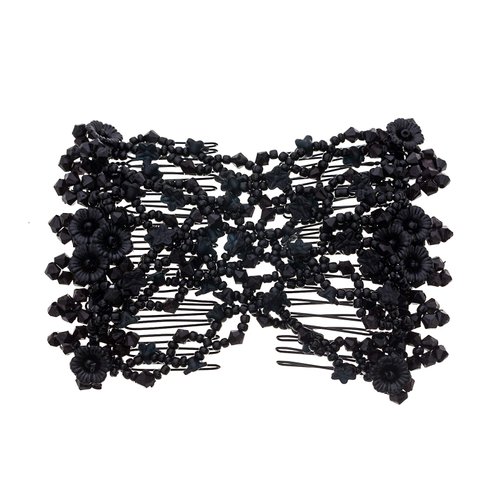 Ruihfas Vintage Beaded Crystal Flower Easy Stretchy Double Clips Hair Comb Hair Accessories (Black)