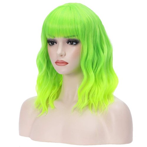 BERON 14 Inches Lime Green Wig Short Curly Wig with Bangs Neon Green Wig Synthetic Wigs Women Girls Ombre Green Wig with Wig Cap