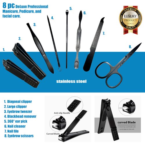 Generic Manicure and Pedicure Kit 8 in 1 Stainless Steel Fingernail & Toenail Clippers with Leather Travel Case, Professional Nail Care Kit for both Men and Women. Black and Turquoise Blue.