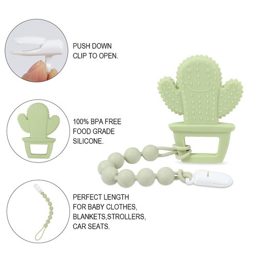 Baby Teething Toys,Food Grade Silicone Teether with One-Piece Pacifier Clip Holder,Shower Gift,Highly Effective Pain Relief for 3 Months+ Boy and Girl,BPA Free,Freezer Safe. (Yellow Cactus)
