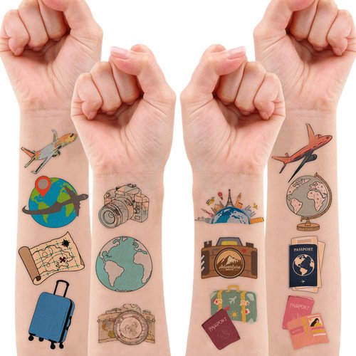 8 Sheets (96PCS) Travel Tattoo Stickers Map Theme Birthday Adventure Awaits Party Decorations Favors Supplies for Kids Gifts Classroom School Prizes Rewards