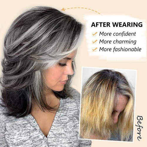 SEVENCOLORS Dark Grey Layered Wigs for Women Medium Length Gray Mixed White Wigs with Curtain Bangs Synthetic Hair Short Wavy Bob Wigs