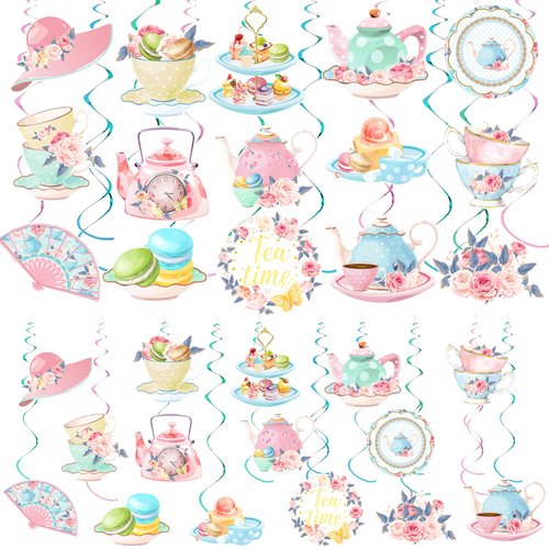 60 PCS Tea Party Decorations, 30 Set Floral Tea Time Hanging Swirl Decoration Spring Vintage Tea Pots Party Swirl Decor for Floral Tea Party Wedding Favors Boy Girl Baby Shower Birthday Party Supplies