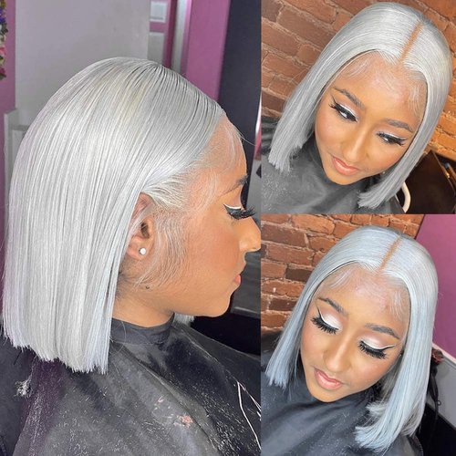 Human Hair Bob Wigs T Part Short Straight Blunt Cut With Baby Hair Grey Colored 180% Density 13x4x1 Lace Frontal Glueless Straight Wig for Black Women Pre Plucked 10 Inch
