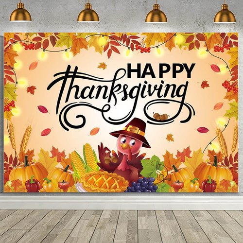 MEHOFOND 7x5ft Happy Thanksgiving Backdrop Pumpkin Turkey Maple Leaf Thanksgiving Party Decorations Banner Fall Thanksgiving Day Party Photography Background Sign Poster Banner