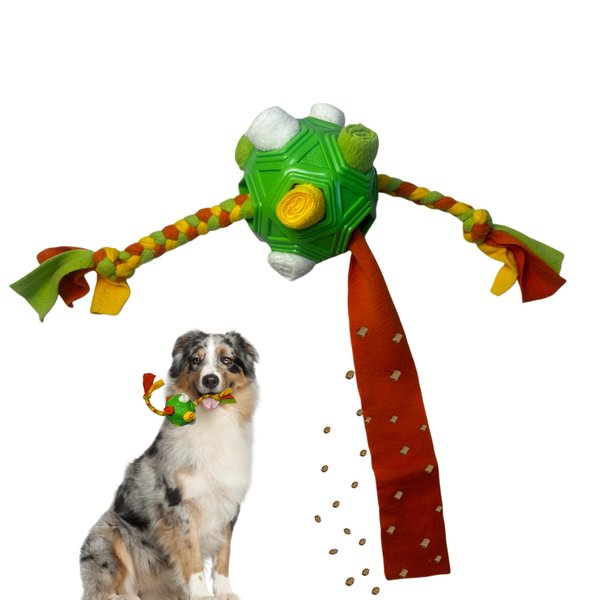 Generic Snuffle ball with ropes, Dog puzzle, mentally stimulating toys for dogs, pet treat dispenser for training, stress relief. Hidden treats on cloth strip. Washable (blue and green)