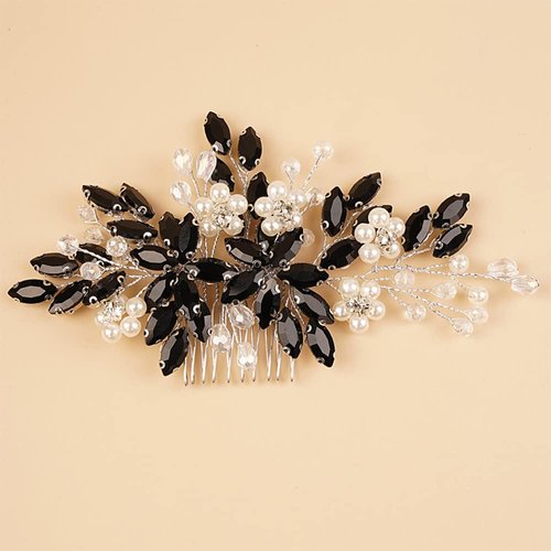 BERYUAN Bridal Hair Comb with Pearls, Crystals, Floral Accents, and Bride Headpiece - Handmade Wedding Hairpiece for Women and Girls (black)