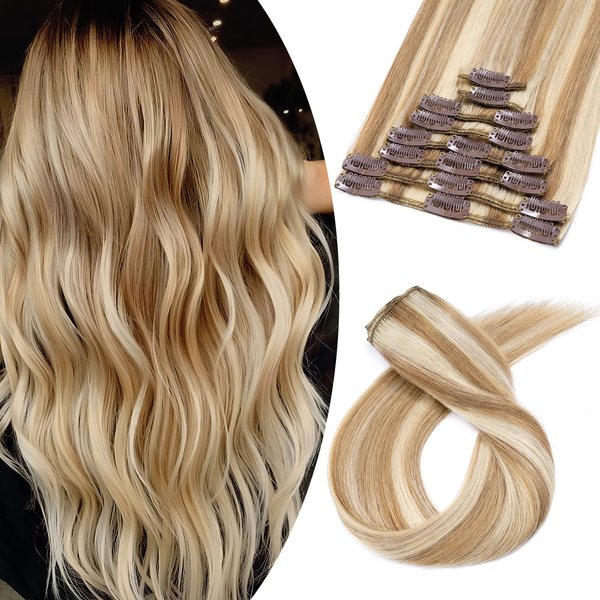 Benehair Clip in Hair Extensions Real Human Hair Clip on Hair Extensions Double Weft 8pcs 14inch Remy Human Hair Extensions Straight Natural Hair Extensions Ombre Light Brown Mixed Bleach Blonde