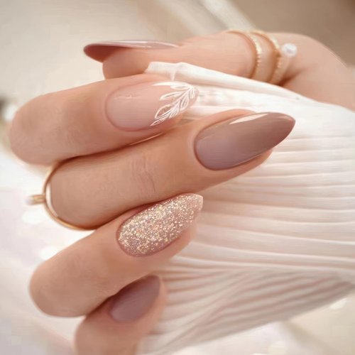 Brown Press on Nails Leaf Fake Nails, Press on Nails Medium Length False Nails with Designs Glitt...