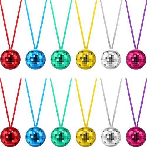 Hicarer 12 Pieces Assorted Color Disco Ball Necklaces 70s Disco Party Necklaces for Halloween Party Favors, Home Decorations, Stage Props, Halloween Costume Accessories