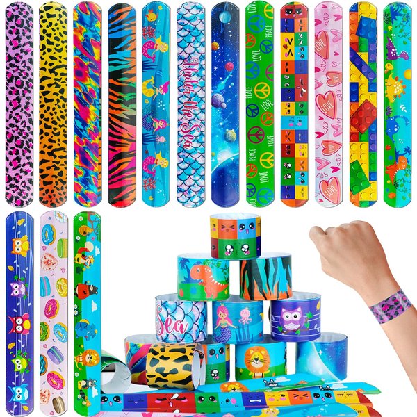 Slap Bracelets for Kids Party Favors 48Pcs Goodie Bag Stuffers Snap Bracelets Bulk Toys Wristbands Pinata Stuffer Xmas Halloween Easter Party Supplies Treasure Prize Box Toys for Kids Classroom Prizes