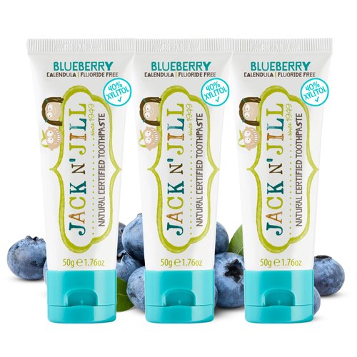 Jack N' Jill Natural Toddler Toothpaste for Baby, Kids and Infants 6 Months & Up, Fluoride Free Training Toothpaste for Toddlers 1-3, 40% Xylitol, BPA Free - Blueberry 1.76 oz (Pack of 3)