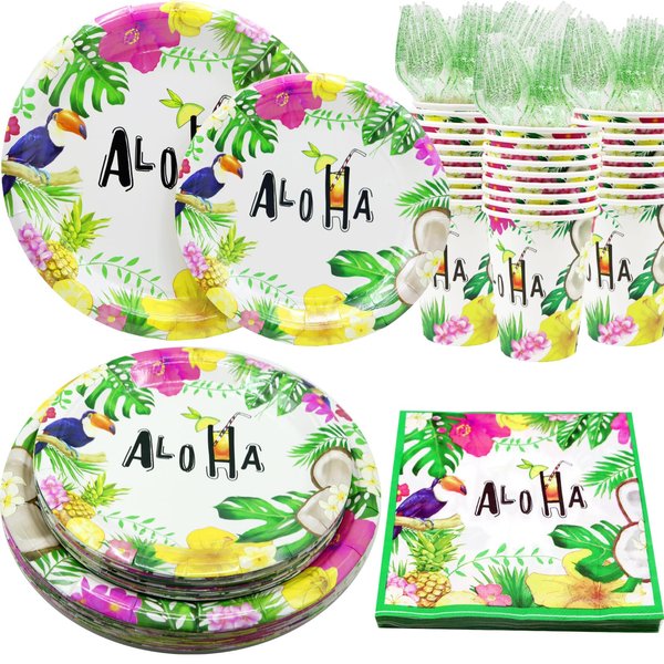 Decodinli Hawaiian Luau Party Supplies Serves 25, Hawaiian Tropical Luau Theme Birthday Party Decorations, Hawaiian Summer Tropical Plates and Napkins, Tropical Luau Summer Disposable Plates and Cups