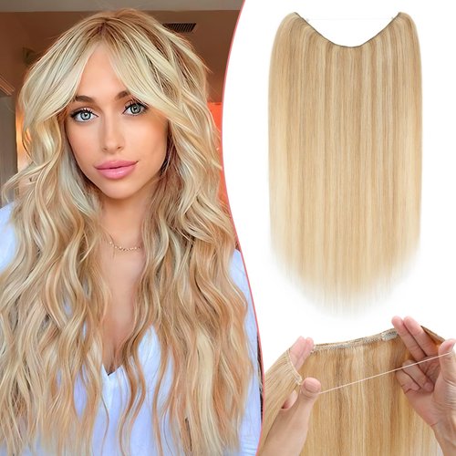 SEGO Pro Halo Hair Extensions Real Human Hair Wire In Hair Extensions Human Hair One Piece Fish Line Halo Hair Extensions With 2 Clips 16 Inch #18P613 Camel mixed Light Gold