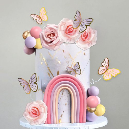 52Pcs Rainbow Cake Topper Butterflies Cake Decorations with Colorful Balls Flower Cake Toppers for Women Girls Kids Birthday Baby Shower Wedding Rainbow Flower Butterfly Themed Party Supplies