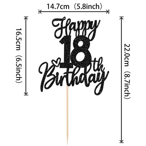 1 PCS Happy 18th Birthday Cake Topper Glitter Cheers to 18 Years Birthday Cake Pick Eighteen Hello 18 Fabulous Cake Decoration for Happy 18th Birthday Anniversary Party Decorations Supplies Black