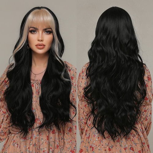 ISHINE Black Wigs for Women, Long Wavy Curly Wigs with Bangs, No Lace Colored Wigs with Bangs, Ombre Blonde to Black Wig, Synthetic Wigs for Daily Cosplay Party Replacement 24inch