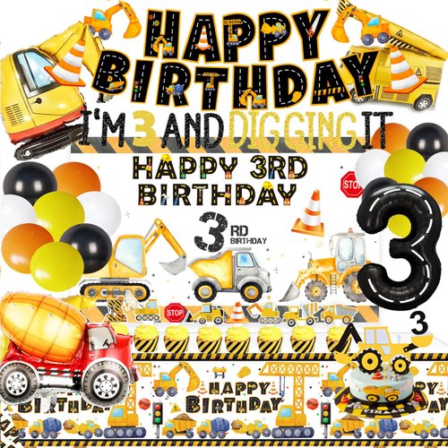 90 Pcs Dump Truck Party Decorations for Boys Baby .Construction 3rd Birthday Party Supplies，Construction 3rd Birthday Party Supplies for Boys, Construction Birthday Party Supplies for 3 Year Old Boy