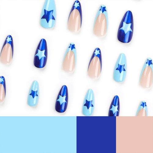Blue French Tip Press on Nails Medium Almond Fake Nails Blue Full Cover False Nails With Dark and Light Blue Star Designs Acrylic Stick on Nails Reusable Artificial Nails for Women Glue on Nails 24Pcs