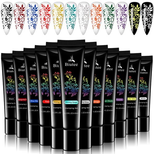 Stamp Nail Polish Gels, 12 Colors Stamping Gels Black White Glitter Green/Silver/Golden for Nail Stamp Plate Stamper