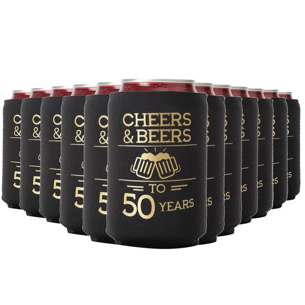 Cheers and Beers to 50 Years Can Coolers 50th Birthday Party Coolies, Set of 12, Black and Gold Can Coolers, Perfect for Birthday Parties, Birthday Decorations