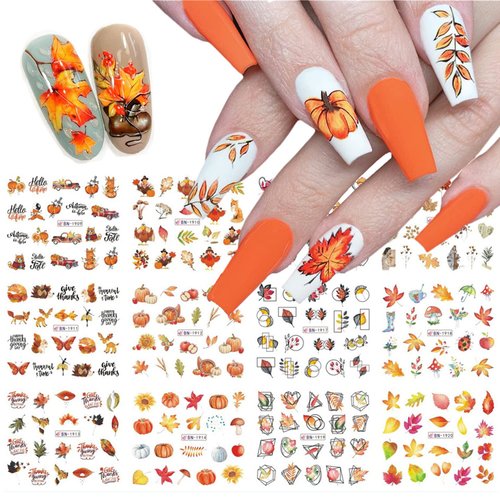 12 Pcs Fall Nail Art Stickers Maple Leaves Nail Art Water Transfer Decals Autumn Thanksgiving Turkey Pumpkin Design Nail Foil Stickers Fall Nail Supplies for Women Acrylic DIY Manicure Decorations