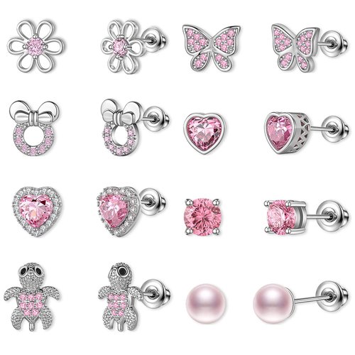 TOPBRIGHT 8 Pairs Hypoallergenic Earrings 925 Sterling Silver Stud Earrings Heart CZ Tiny Butterfly For Kids, Toddlers, Little Girls, Teens, Women