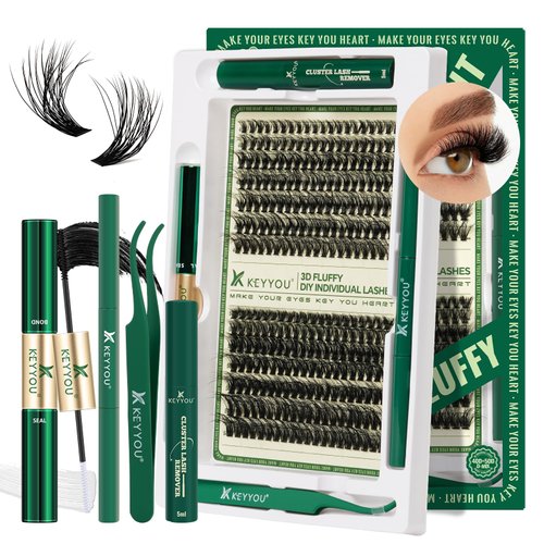 Lash Extension Kit 3D Effect KEYYOU Lash Clusters Kit 280pcs D Curl 9-18MIX Eyelash Extension Kit with Lash Bond and Seal,Tweezers,Remover and Brush for Fluffy(3D-50D-D-9-18MIX)