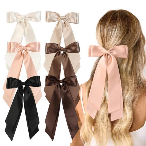 Unbednigt 6PCS Silky Satin Hair Bows, Bow Hair Clips with Long Tail, Hair Ribbon Ponytail Holder Accessories, Alligator Metal Clips Hair Bows for Women Girls Toddler Christmas Gifts Holiday