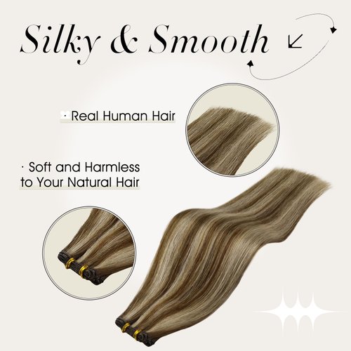 Full Shine Genius Weft Extensions Real Human Hair Hand Tied Hair Extensions Sew In Weft Color Brown Highlight Honey Blonde Human Hair Bundles Sew In Hair Extensions Real Human Hair 50G 18 Inch