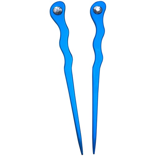 (2) Anodized Aluminum Matte Finished Spiral 6" long Hair Sticks with Clear Rhinestones Unbreakable Waterproof Pick Pic Pin Fork (Aqua)