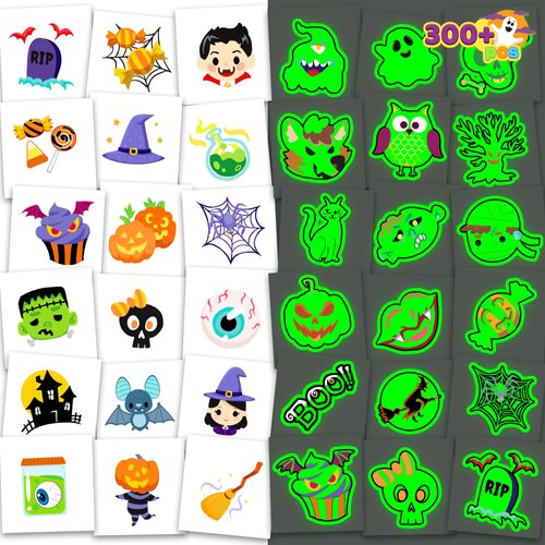 JOYIN 300+ Halloween Tattoos for Kids, Glowing Temporary Tattoos in Assorted Designs Bulk for Child Trick or Treat Gifts Halloween Party Favor Decorations Goodie Bags Supplies Class Game Prizes