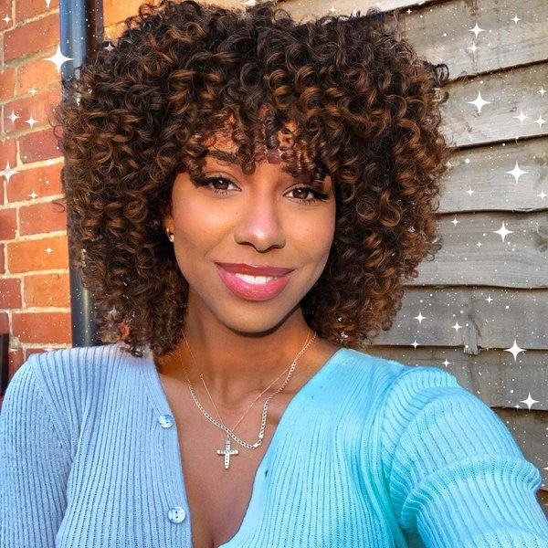 Lady Hanne Afro Kinky Curly Wig With Bangs Short Curly Afro Wigs for Black Women 12 Inches Ombre Brown Synthetic Curly Wigs