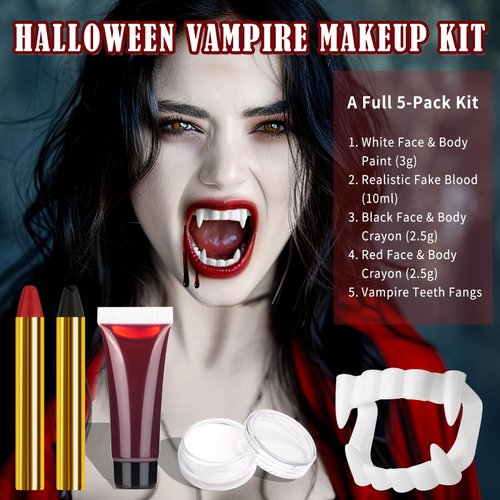 BOBISUKA Halloween Vampire Makeup Kit with White Face & Body Paint, Fake Blood, Black and Red Face Paint Crayon and Fake Teeth SFX Makeup Set for Zombie Wounds Clown Cosplay Special Effects Makeup