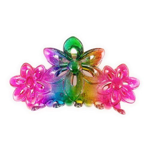 Pink rainbow hair clip claw butterfly clamp flower floral plumeria 3.5 inches long rainbow clear ...