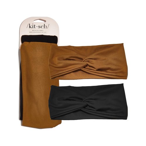Kitsch Recycled Fabric Wide Turban Headbands for Women and Teens - Non-slip, Trendy Fashion Hair Bands for Spa, Workout, Skincare Routine, Yoga & Gym - Cotton, Comfortable & Thick, 2pcs -Black & Camel
