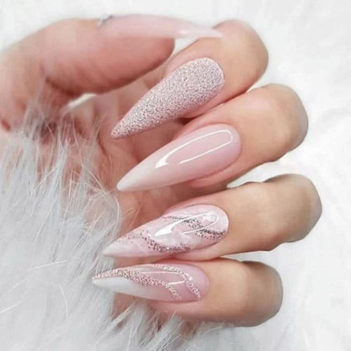 YoYoee Stiletto Luxury False Nails Long Marble Nails Nude Press on Nails Glitter Acrylics Full Co...