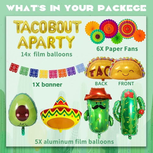 26 Pcs Taco Bout a Party Decoration, Fiesta Party Decorations Include Paper Fans Fiesta Banner Taco Cactus Avocado Sombrero Foil Balloons for Mexican Party Decorations Taco Party