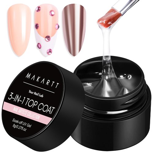 Makartt Gel Top Coat Nail Polish: 3-in-1 Hard Gel Top Coat Soak-off UV Gel Glossy Finish Long Lasting Nail Strengthen for Gel Nail Polish Nail Charms Rhinestone Clear Nail Gel for Home Use Beauty Gift