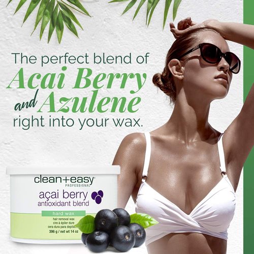 Clean + Easy Acai Berry Hard Wax, Non-Strip Hair Removal Depilatory Wax Treatment for Painless Full Body, Bikini Brazilian Waxing, Removes Fine to Coarse Hairs, Perfect for Delicate Skin, 14 oz